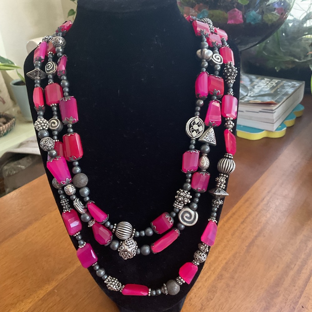 Vintage Lab Ruby Three Strand Statement Necklace - image 2